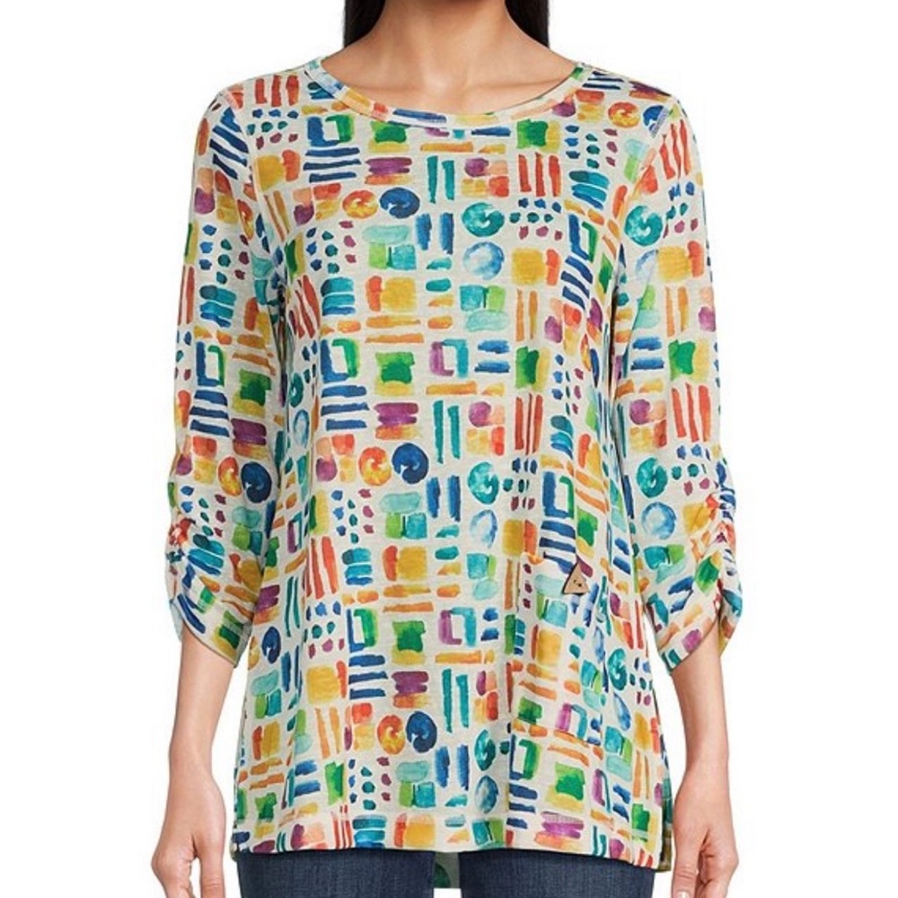 Ali Miles Tunic Top Geometric Artsy 3/4 Sleeve Sz L Art to Wear Lagonlook